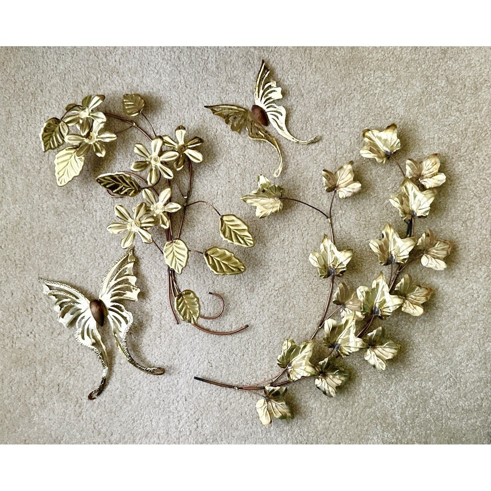 2‎ Vtg MCM Metal Brass Copper Leaf Branches Wall Hanging Art Decor & Butterflies